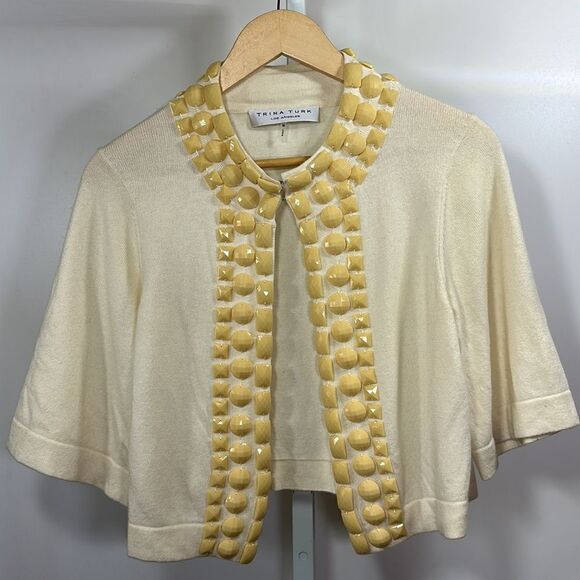TRINA TURK Women’s Embellished Jewel Trim Cashmere Blend Cardigan Cream Medium - Picture 2 of 12